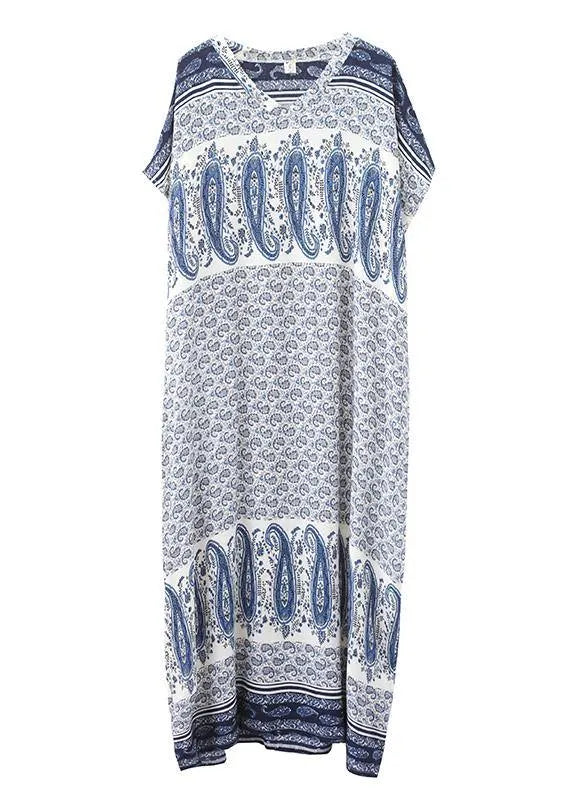Stylish Blue Print Cotton V Neck Summer Dress