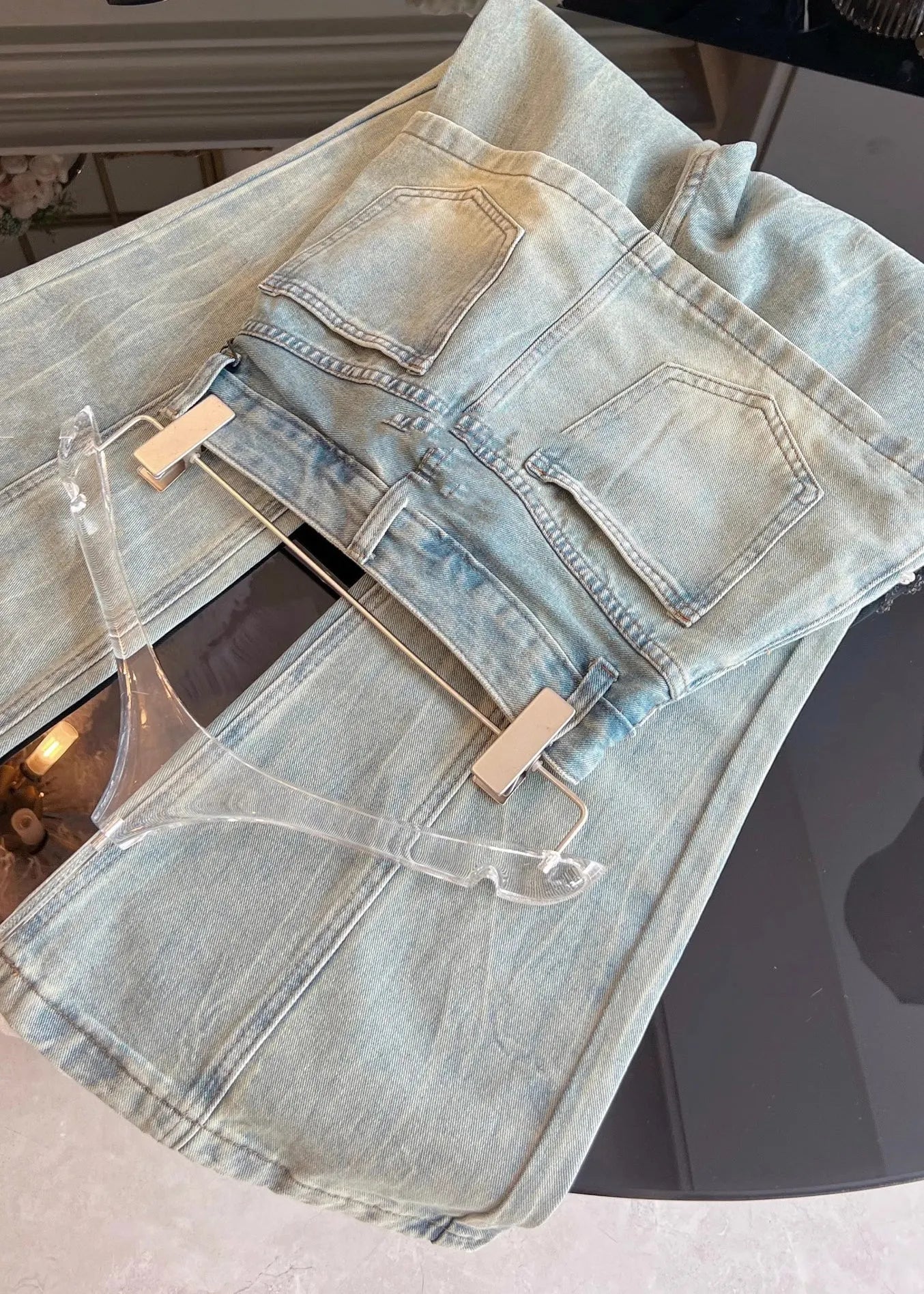 Blue Pockets False Two Pieces Patchwork Denim Pants Fall