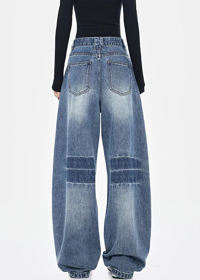 Blue Pockets Patchwork High Waist Denim Pants Spring