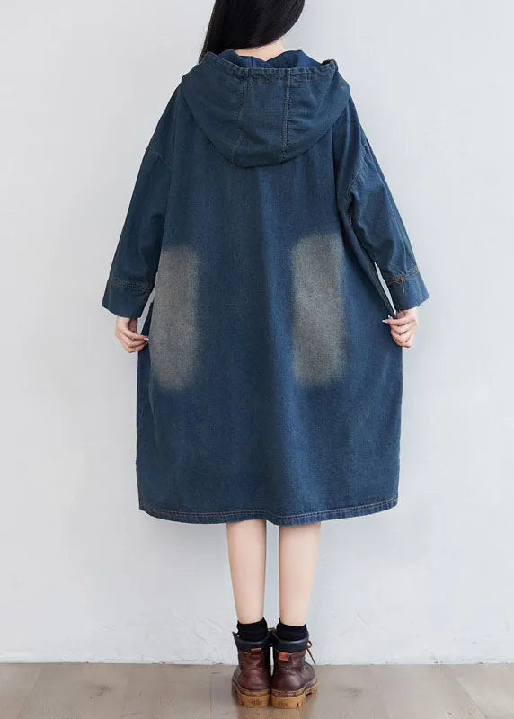 Navy Hooded Pockets Patchwork Denim Dresses Spring