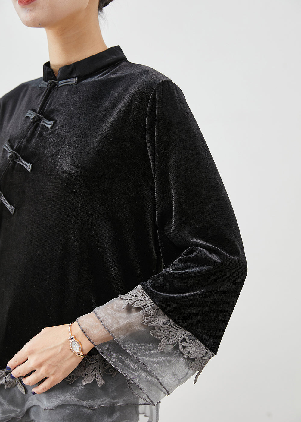 Black Asymmetrical Organza Patchwork Chinese Button Silk Velour Shirt Top Fall