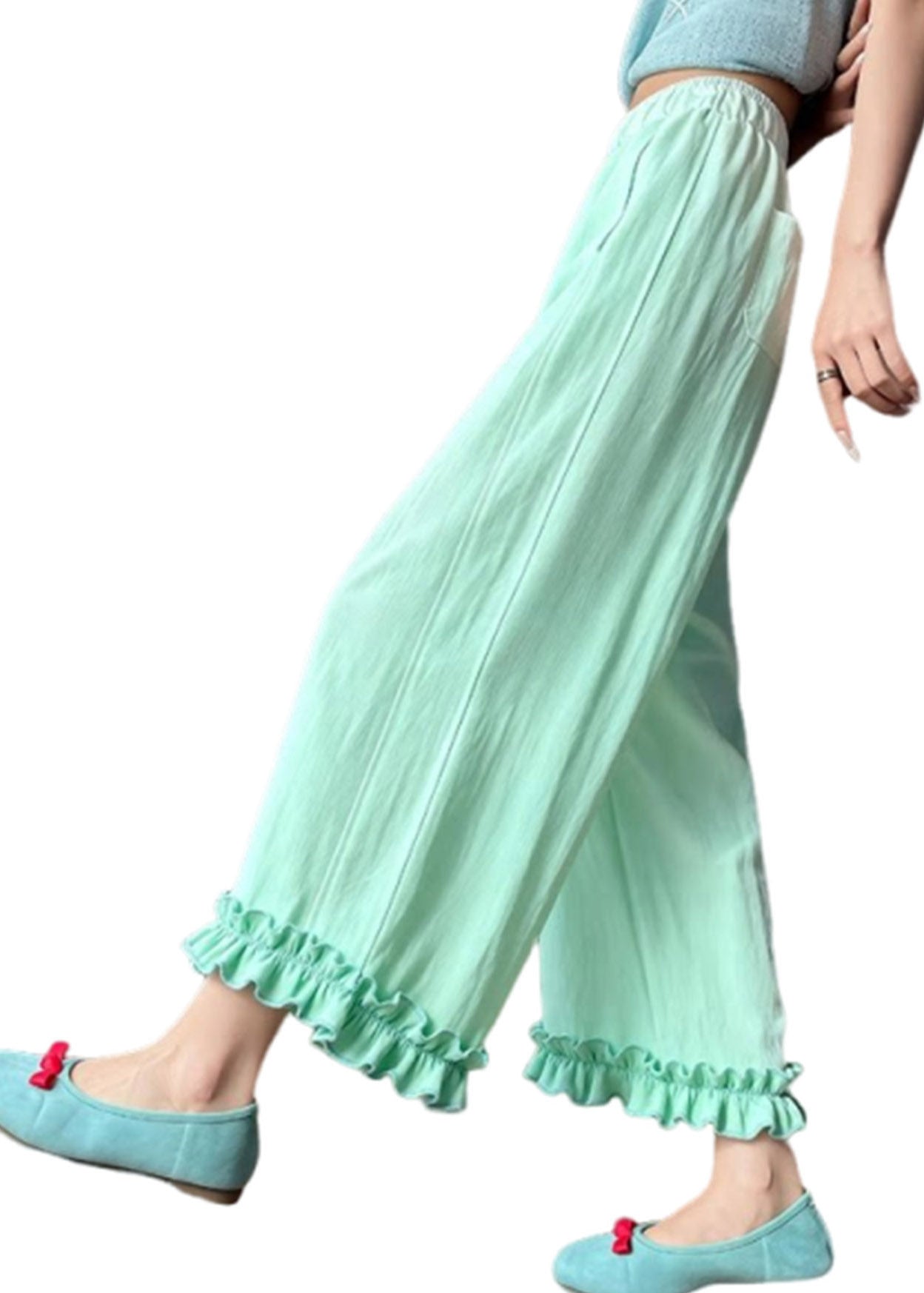 Light Green Ruffled Patchwork Wide Leg Pants Summer