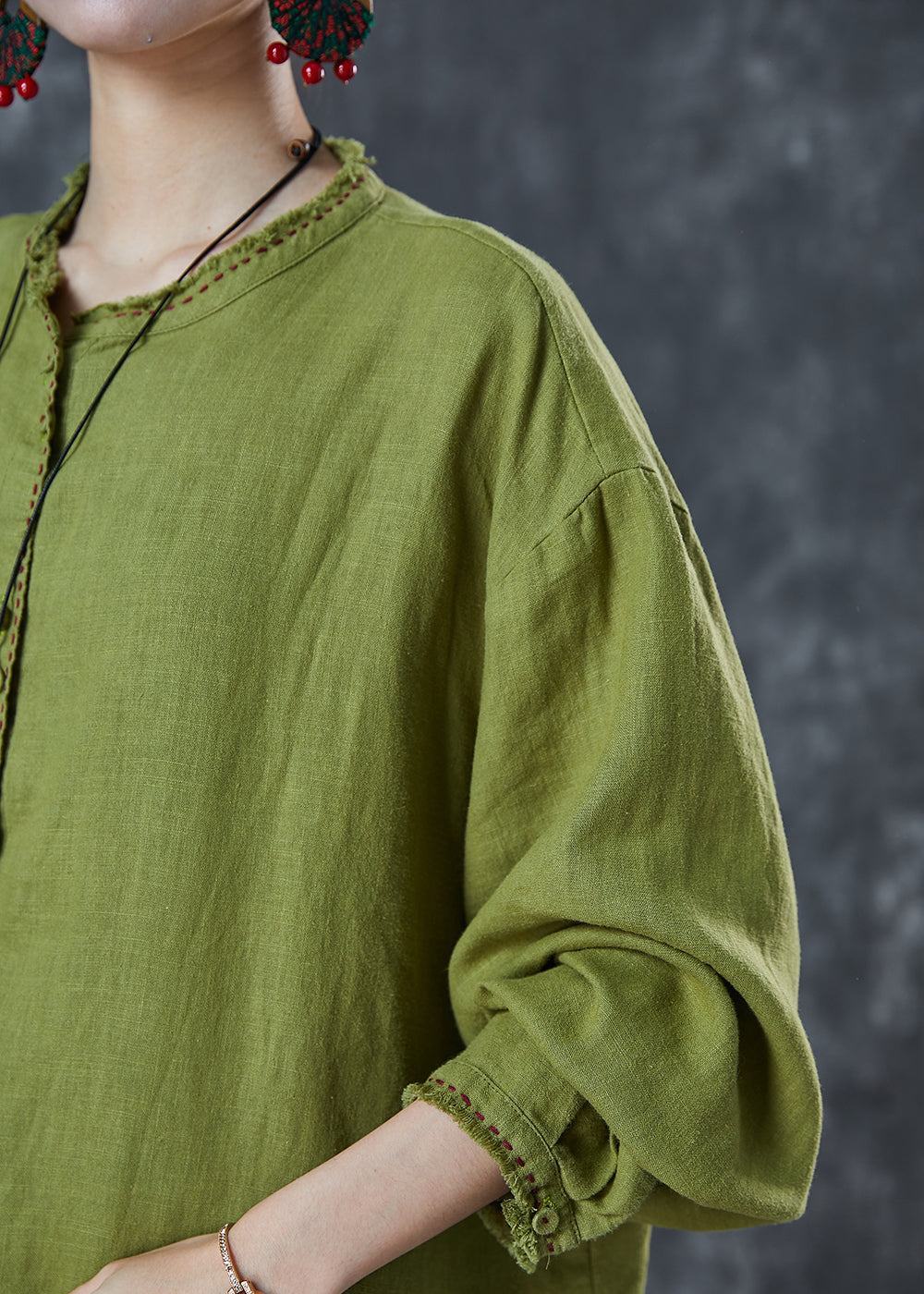 Grass Green Embroidered Linen Blouses Spring