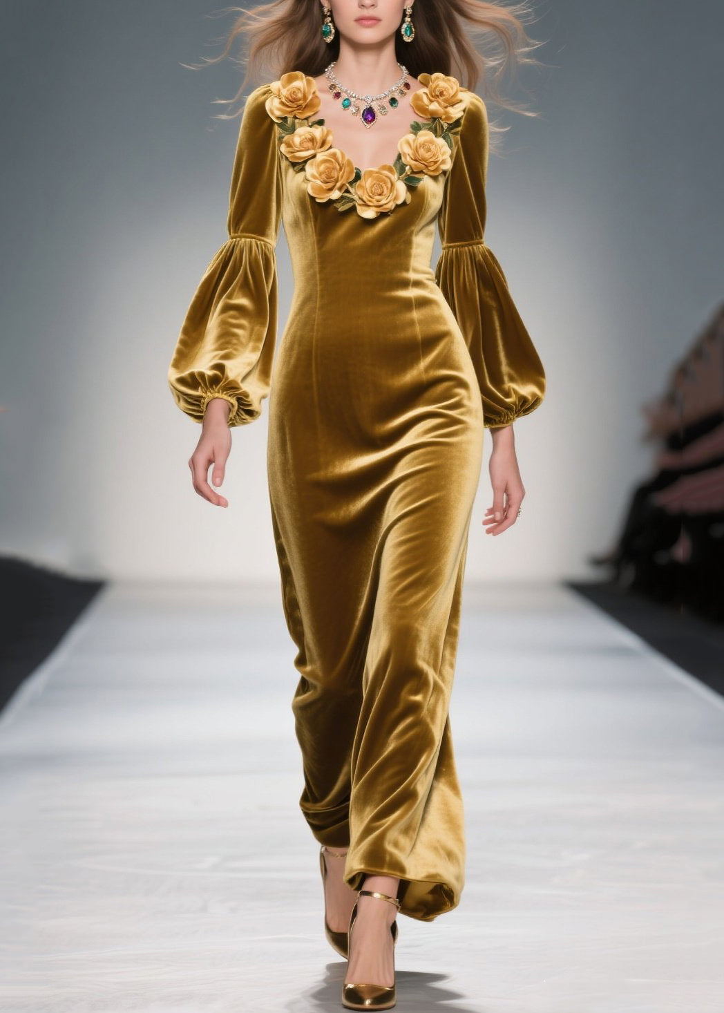 Handmade Yellow V Neck Velvet Long Dresses Fall