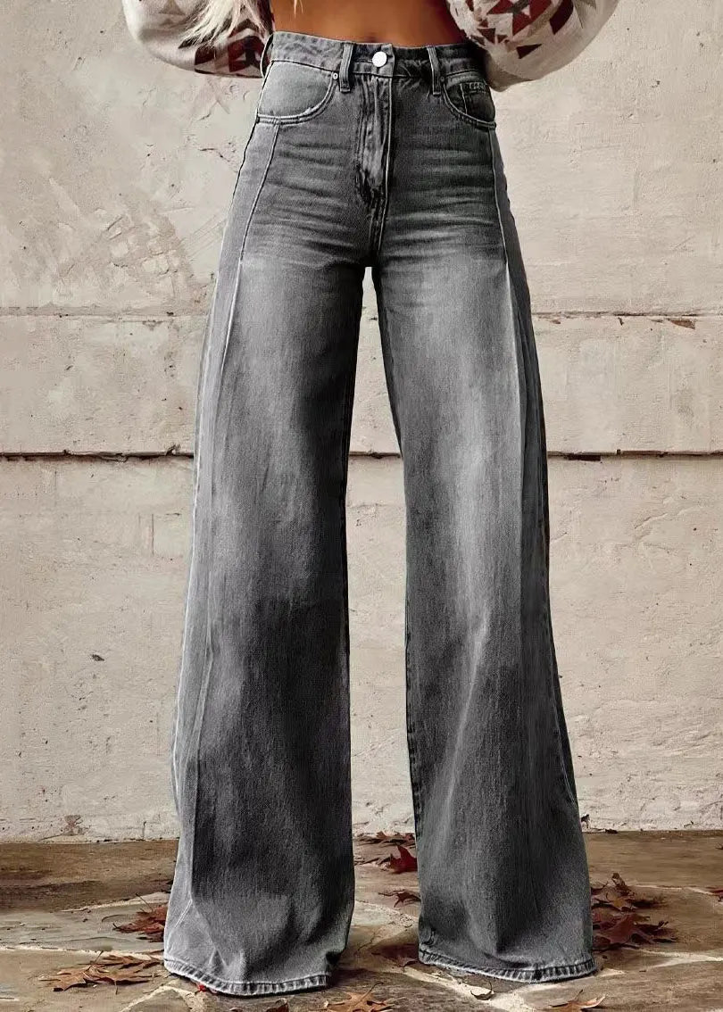 Loose Light Blue Button Pockets High Waist Denim Wide Leg Pants Spring