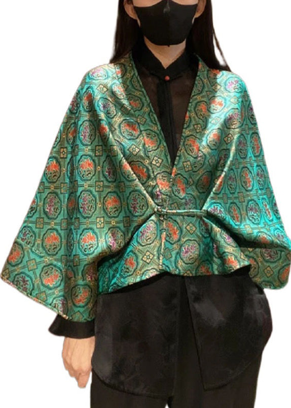 Green V Neck Print Patchwork Silk Two Pieces Set Fall