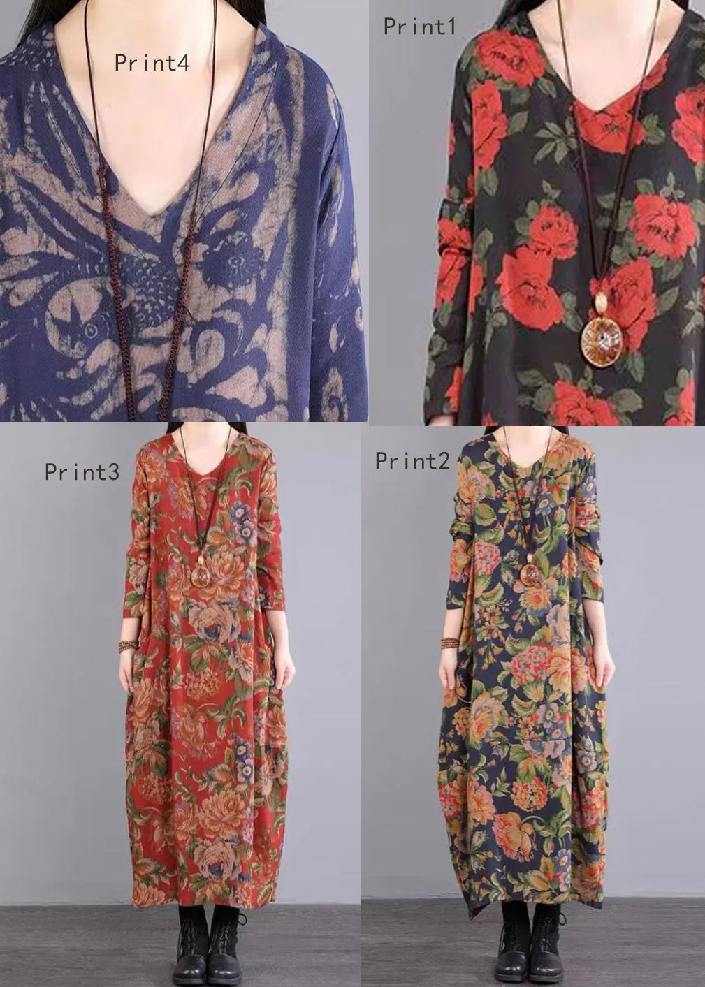 Print Patchwork Cotton Long Dresses V Neck Fall