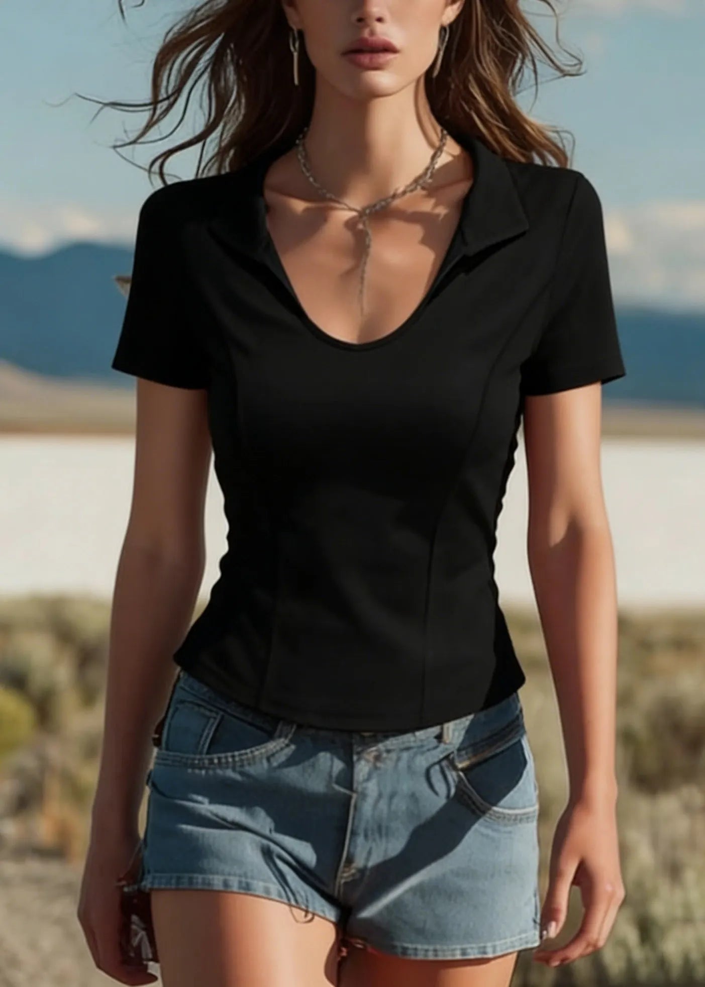 Black Peter Pan Collar Patchwork Cotton Top Summer