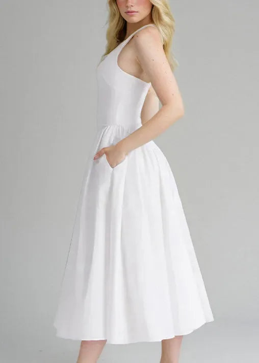 New White V Neck Pockets Cotton Dress Sleeveless