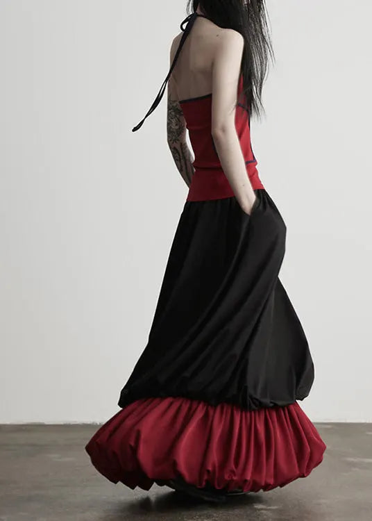 Black Wrinkled Patchwork False Two Pieces Cotton Skirts Fall