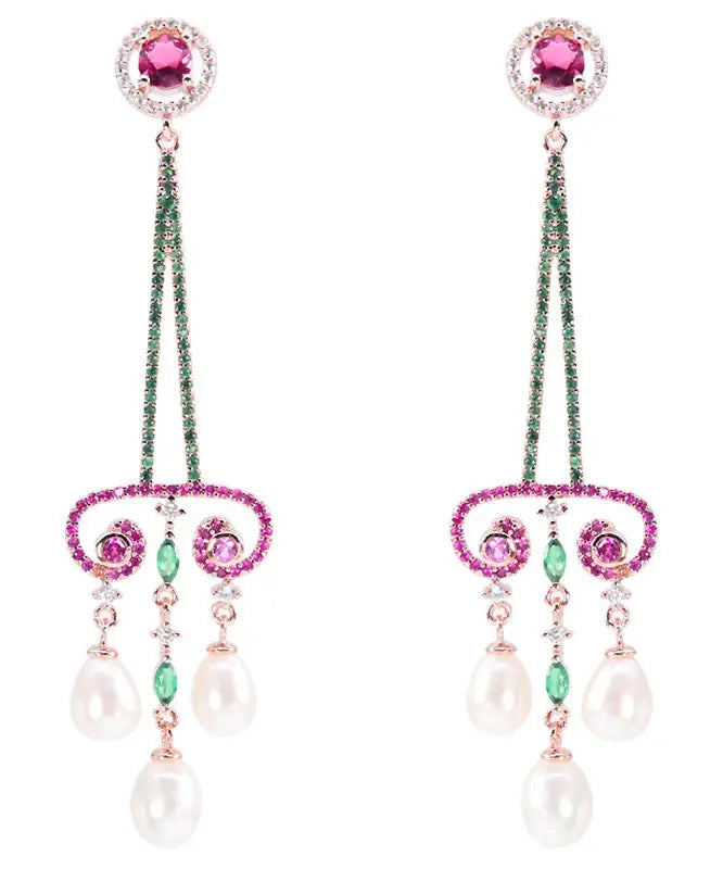 Sterling Silver Pearl Zircon Water Drop Tassel Drop Earrings