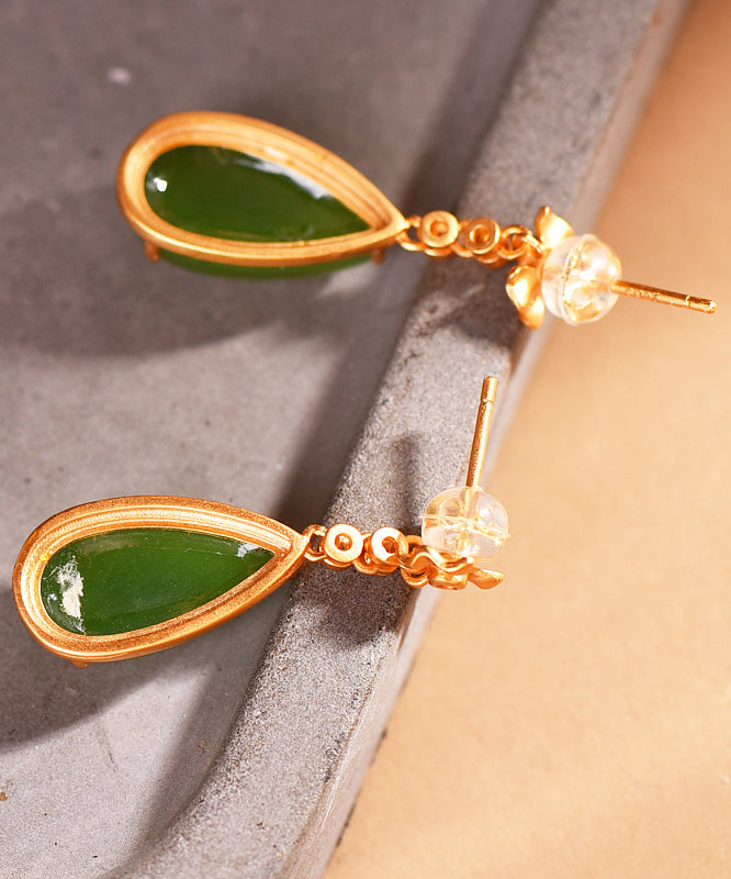 Green Hollow Out Sterling Silver Inlaid Hetian Jade Drop Earrings