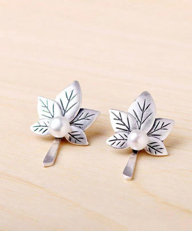 Silver Maple Leaf Nail Bead Stud Earrings
