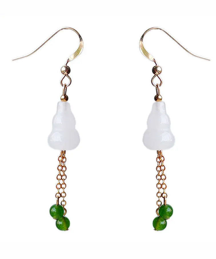 14k Gold Jade Gourd Gem Stone Tassel Drop Earrings