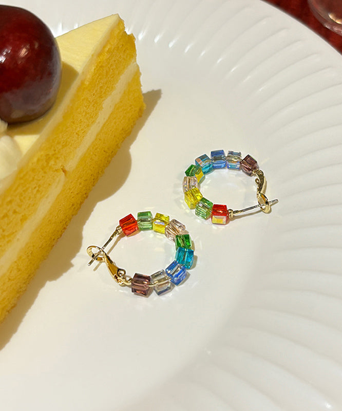 Diy Rainbow Sterling Silver Alloy Crystal Sugar Cube Hoop Earrings