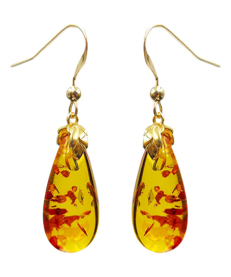 Diy Yellow 14k Gold Amber Water Drop Drop Earrings Tw1038