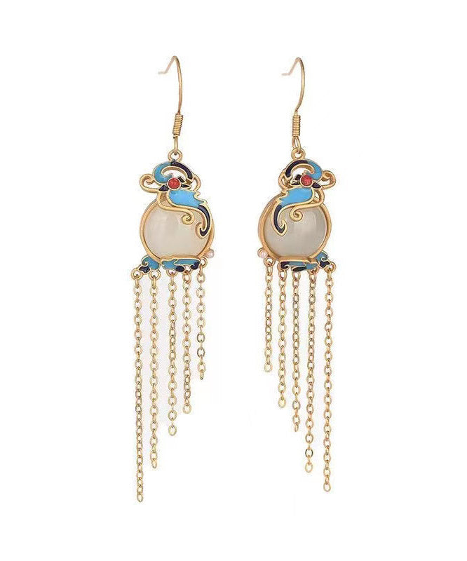 Yellow Jade Cloisonne Gem Stone Butterfly Tassel Drop Earrings