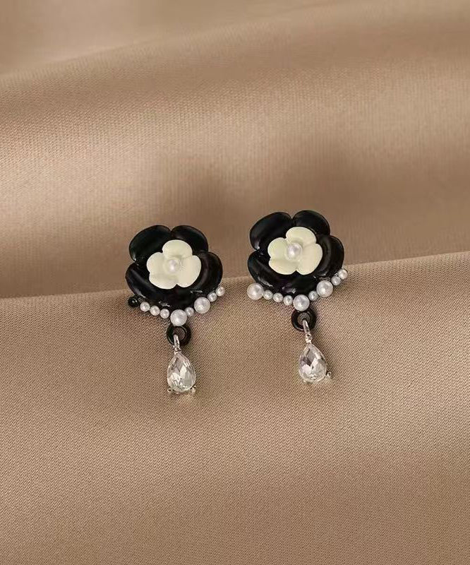 Black Alloy Pearl Crystal Tassel Drop Earrings Df1018