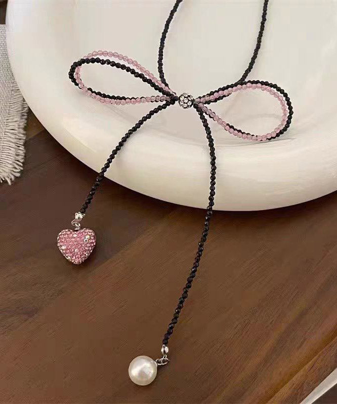 Modern Black Zircon Beading Bow Tie Lace Pearl Love Pendant Necklace Ya014