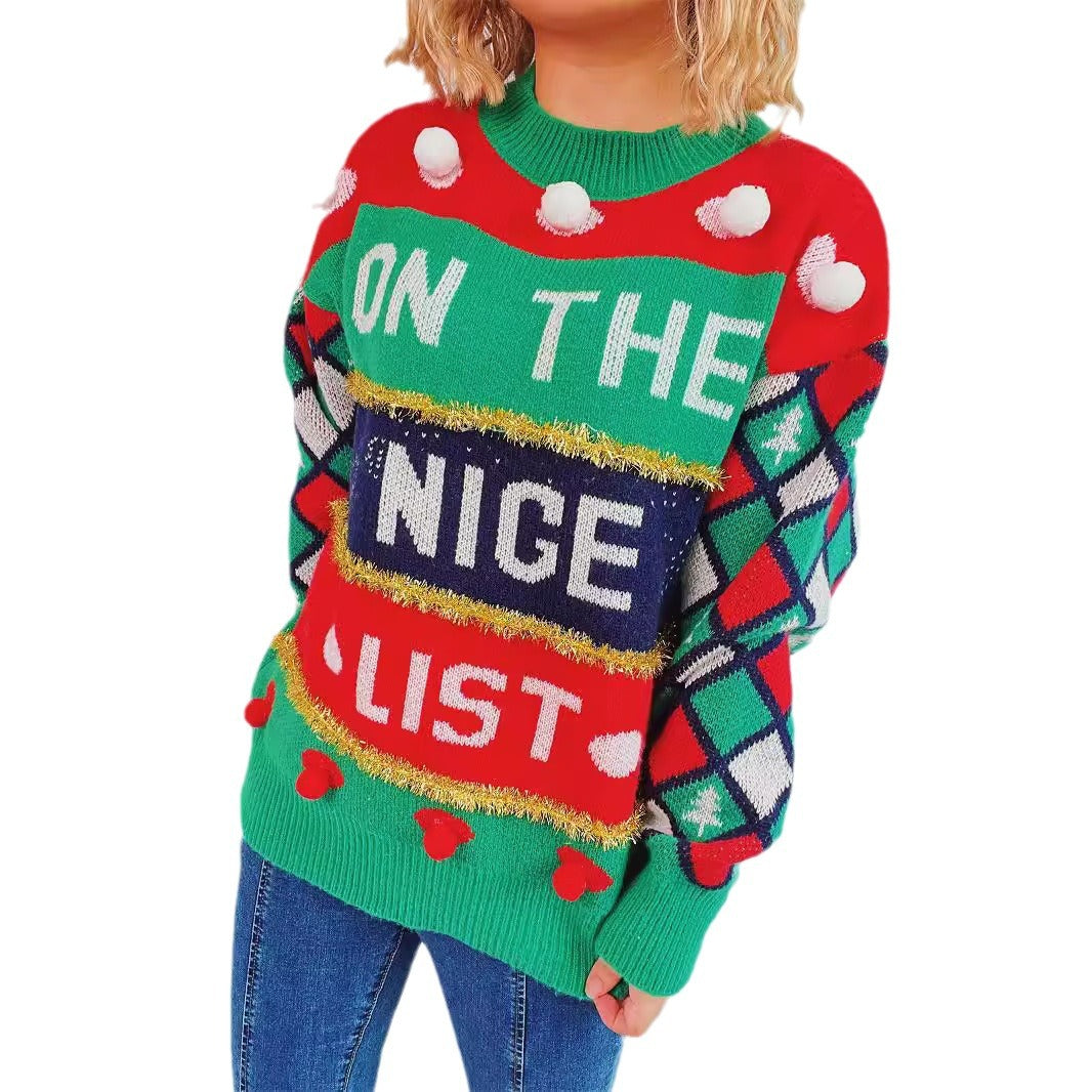 Women's Festive Sweater with Christmas Design and Playful Details