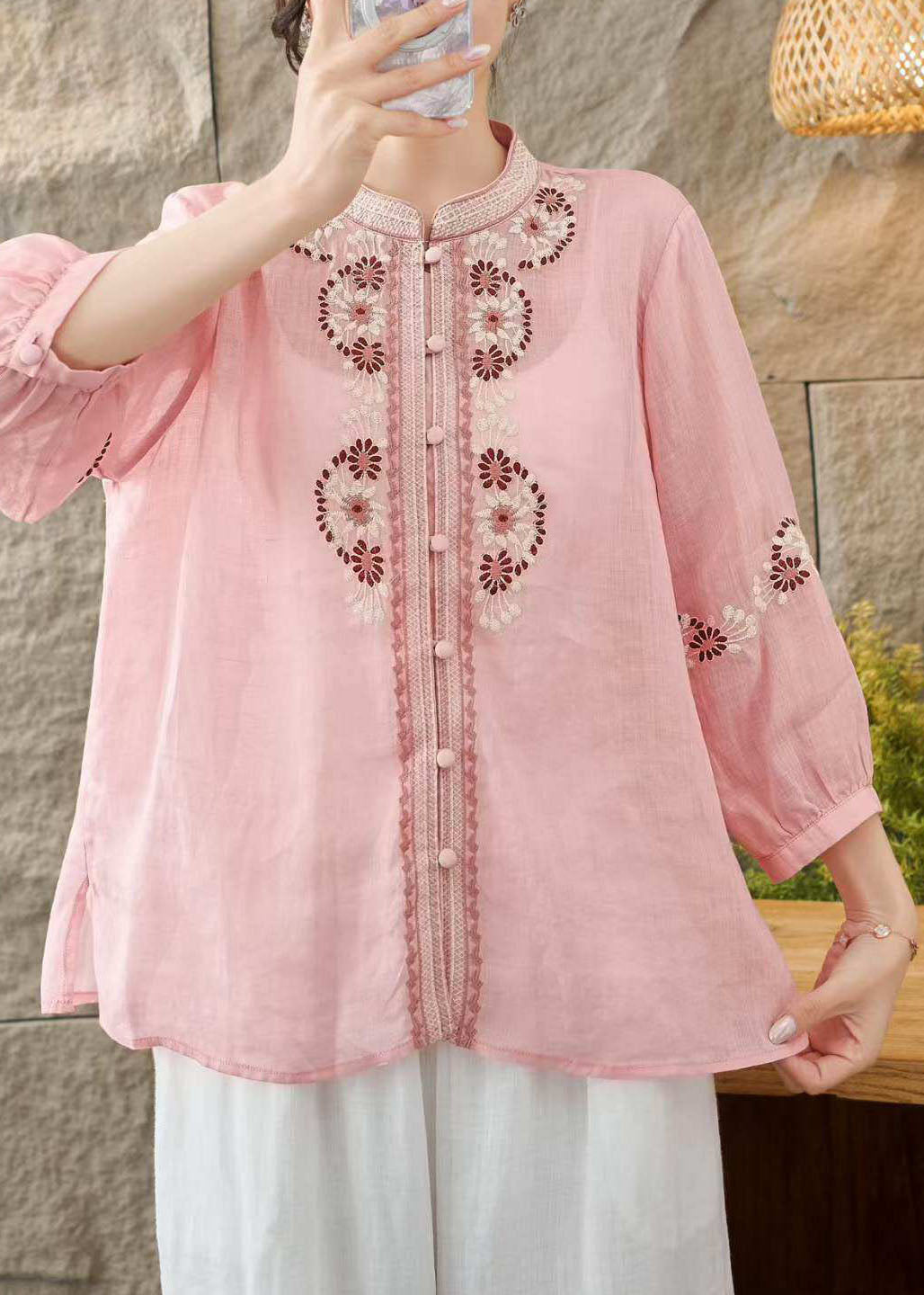 Loose Green Stand Collar Embroidered Linen Tops Bracelet Sleeve