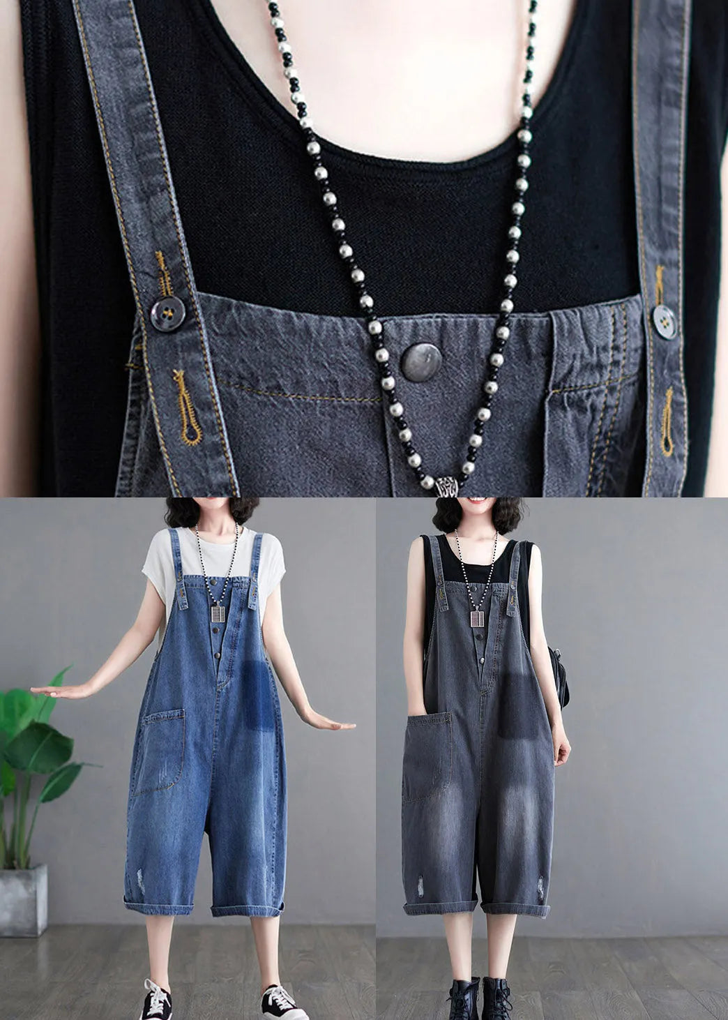 Loose Blue Pockets Patchwork Denim Jumpsuits Summer