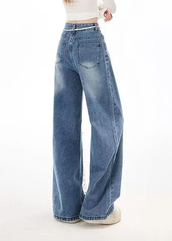 French Blue Pockets Lace Patchwork Zircon Jeans Spring