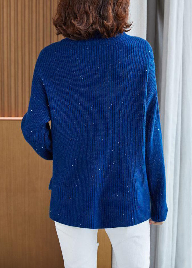 Blue Turtleneck Side Open Cotton Knit Sweaters Long Sleeve Spring