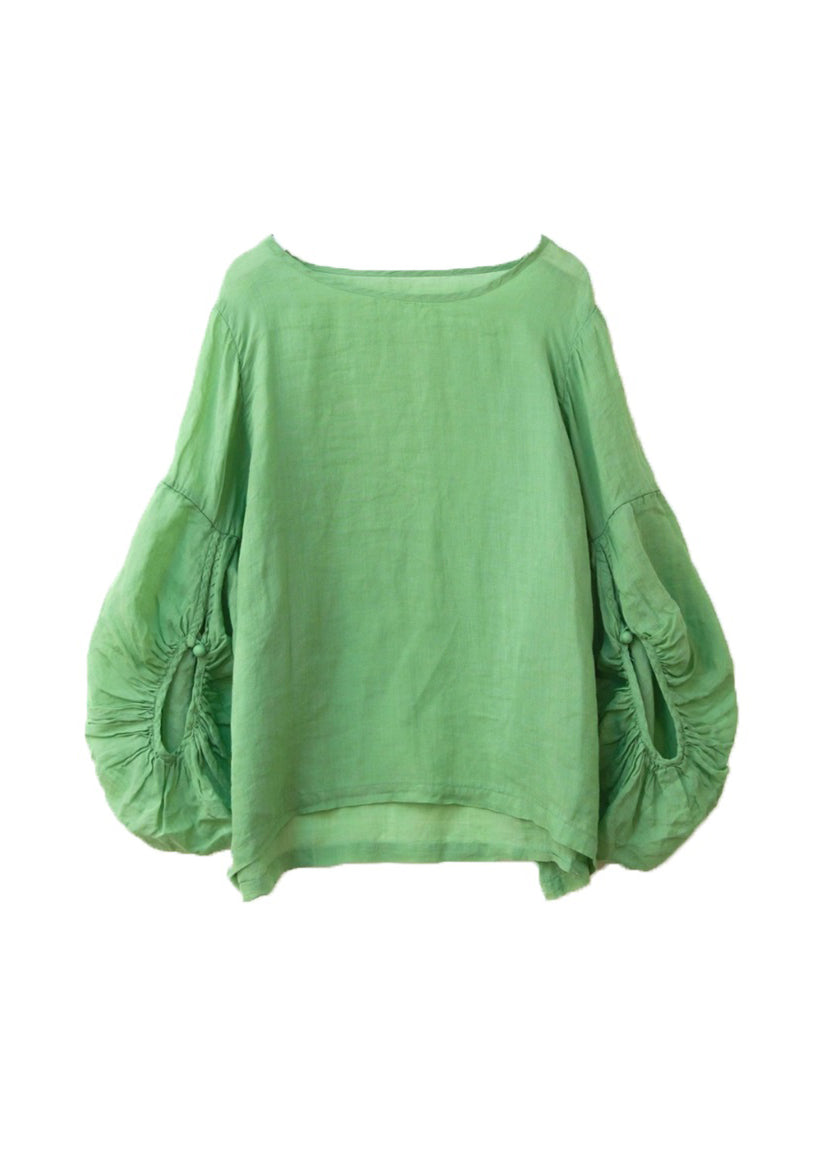Grass Green O Neck Patchwork Cotton Top Lantern Sleeve