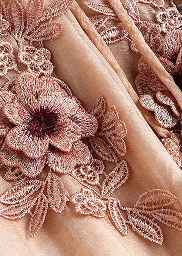 Handmade Apricot V Neck Embroideried Silk Maxi Dress Long Sleeve Spring