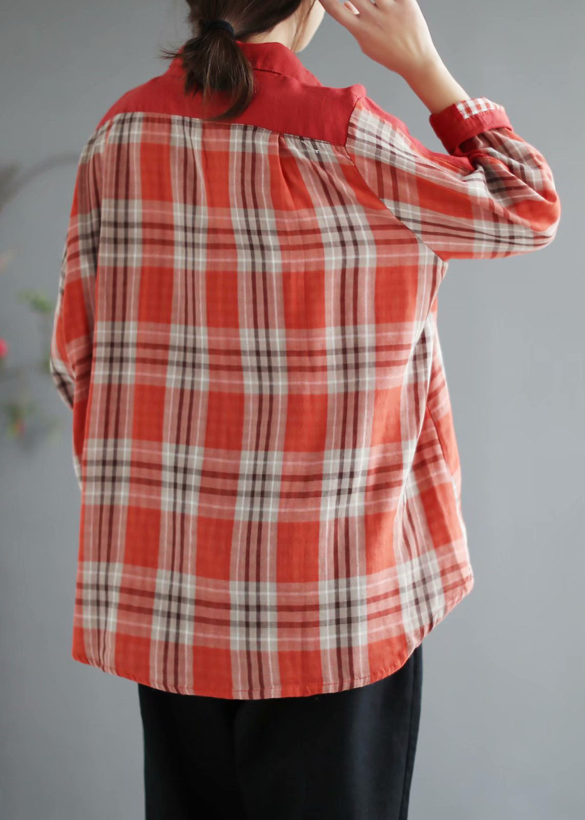 Red Plaid Patchwork Peterpan Collar Button Fall Shirt Long Sleeve