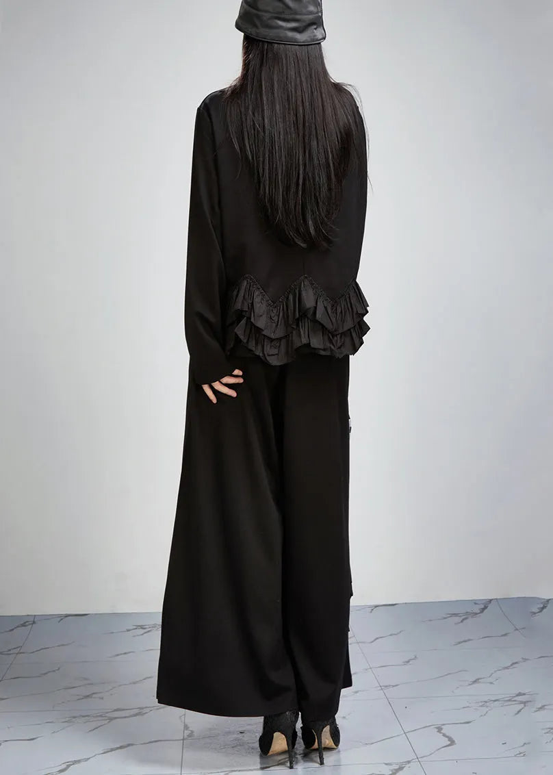 French Black Ruffled Patchwork Tops and Wide Leg Pants Cotton Two Pieces Set Fall