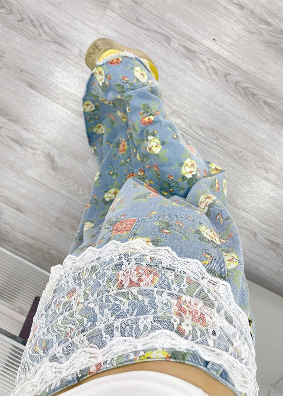 Light Blue Flower Print Denim a Line Skirts Fall