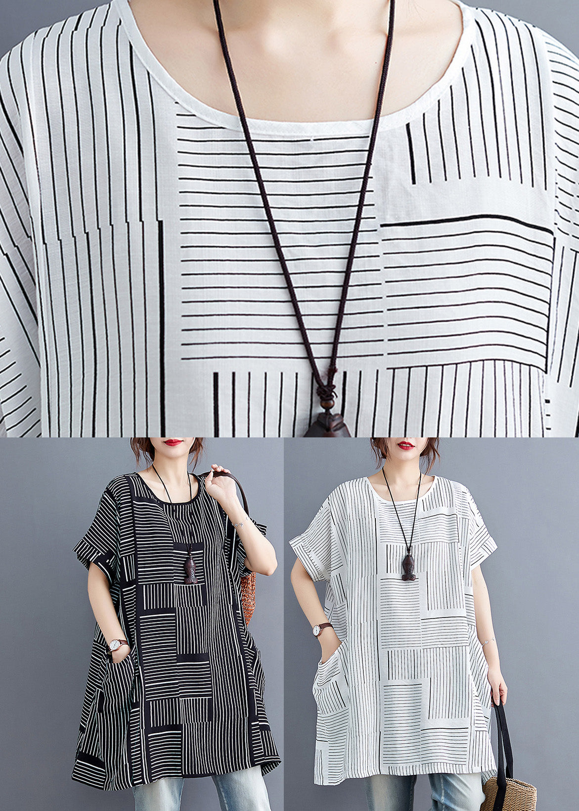 Black Striped Patchworklinen T Shirt Short Sleeve