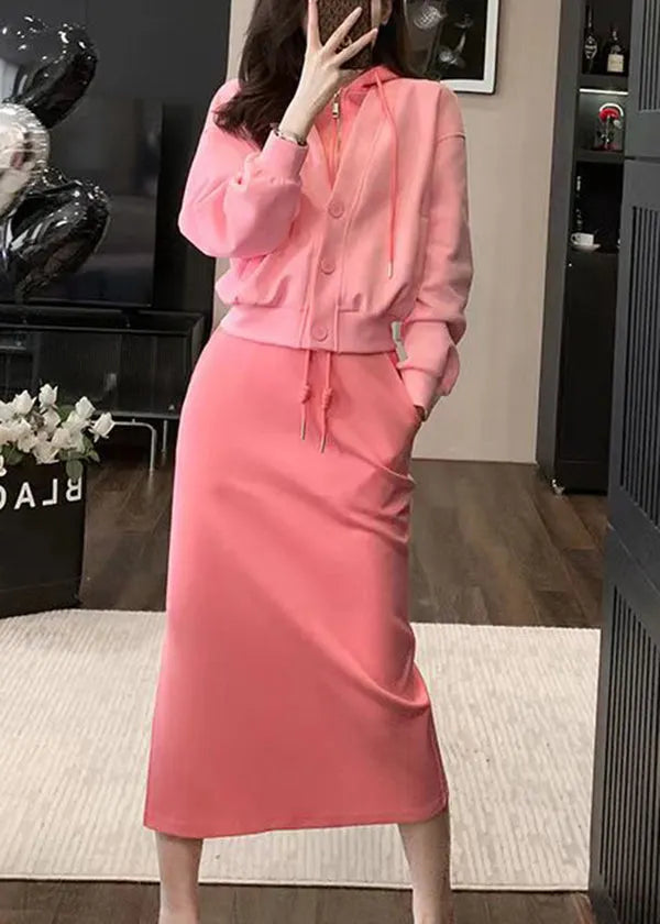 Pink Hooded Top and Skirts Cotton Two Pieces Set Spring
