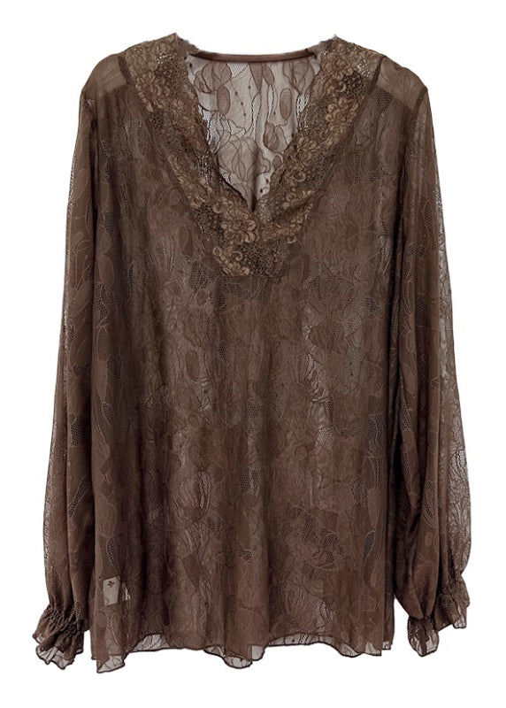 Loose and Versatile Slim V Neck Long Sleeved Coffee Lace Top