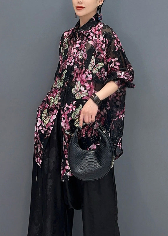 Black Base Butterfly Chiffon Shirt Tops Fall