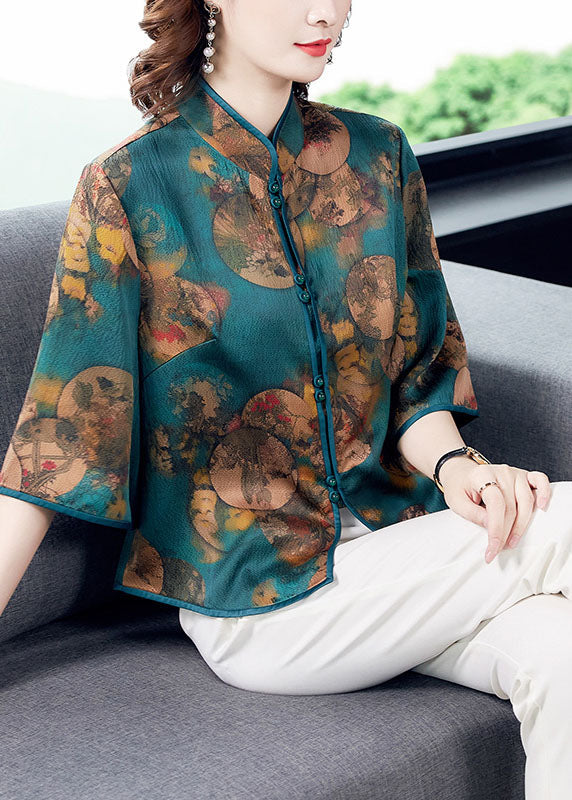 Green Stand Collar Print Patchwork Silk Blouse Top Summer