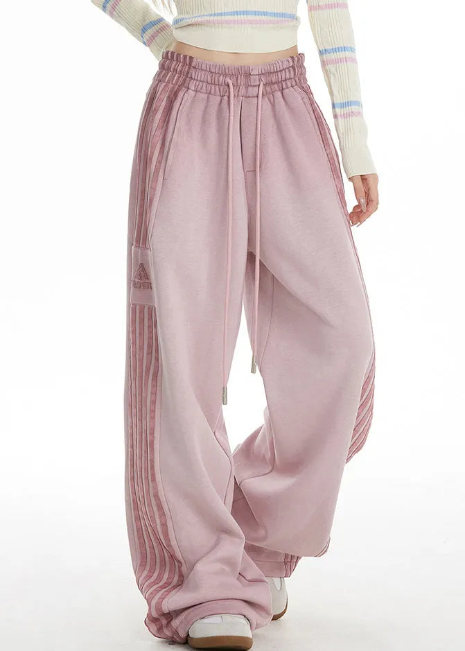 Pink Striped Elastic Waist Wide Leg Pants Spring