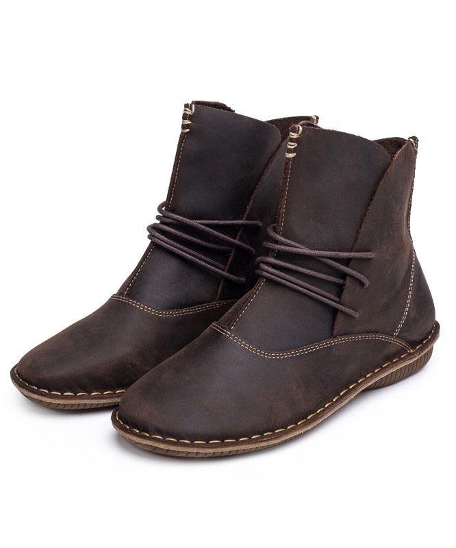 Cross Strap Khaki Cowhide Leather Ankle Boots