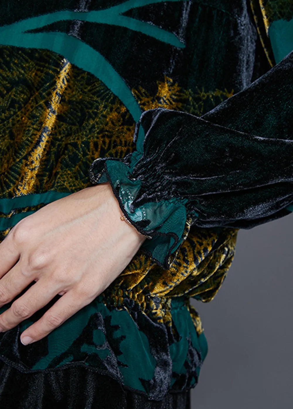 Green Print Oversized Silk Velour Two Pieces Set Fall