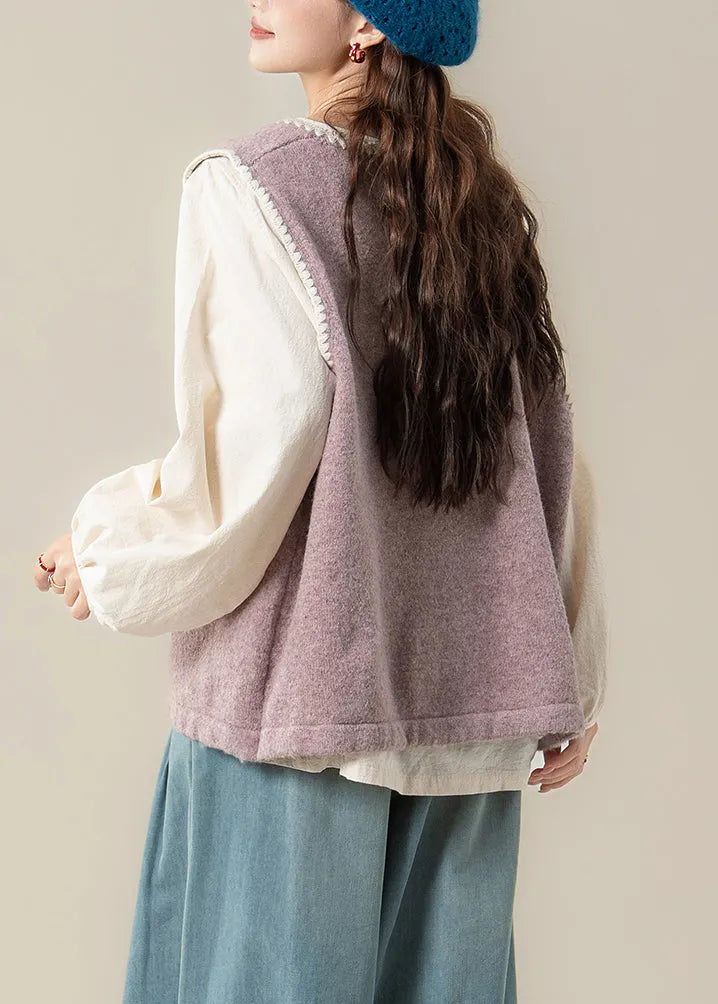 Loose Purple Embroidered Knit Vest and Apricot Ruffled Cotton Shirts Two Pieces Set Spring