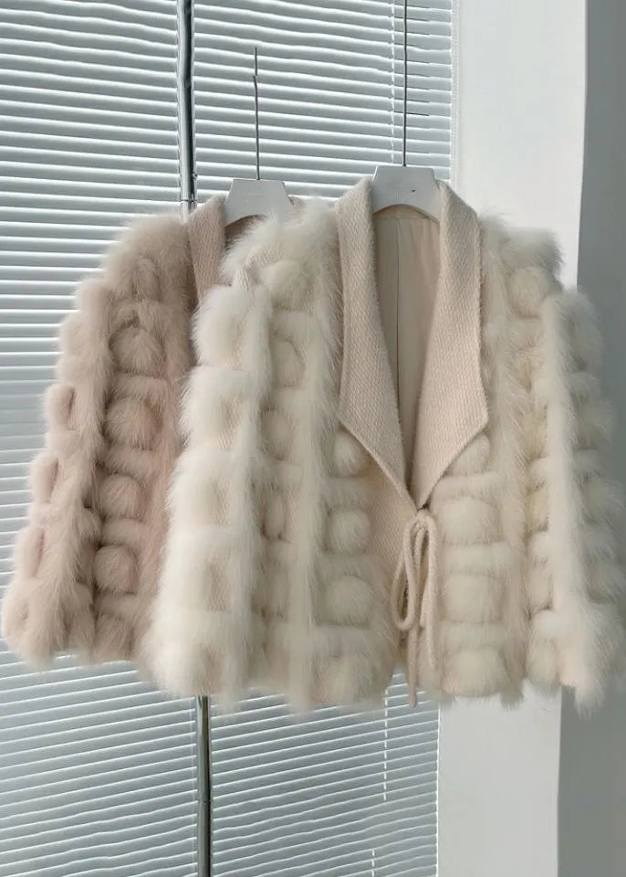 Boutique Beige Knit Patchwork Leather and Fur Jackets Winter