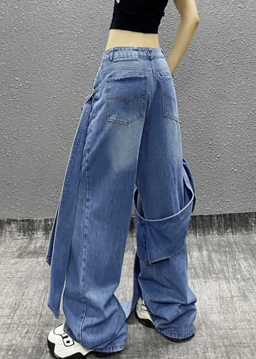 Blue Bow Pockets High Waist Denim Pants Summer