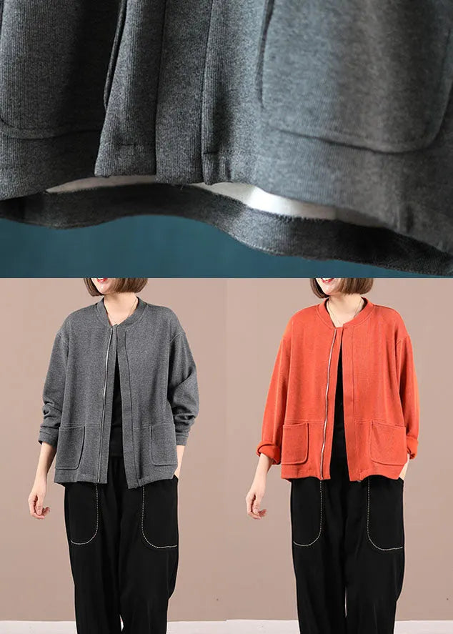 Grey Knit Zippered Patchwork Fall Long Sleeve Jackets