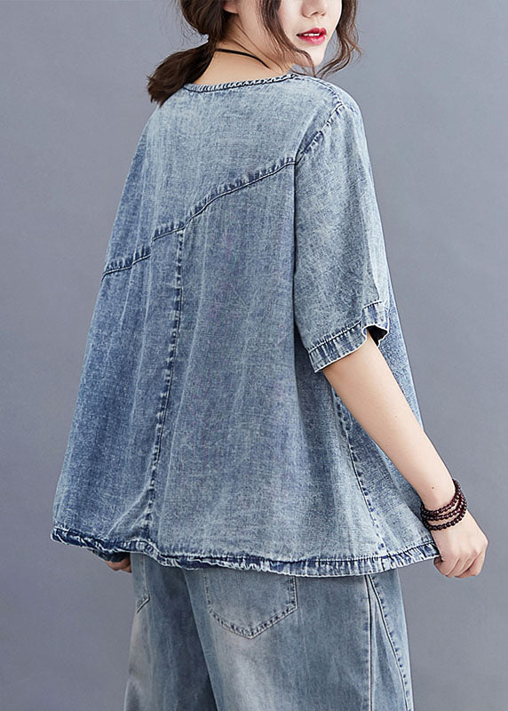 Blue O Neck Plaid Patchwork Denim T Shirt Top Summer
