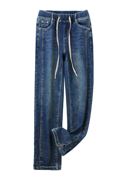 Denim Blue Pockets Elastic Waist Fleece Pants Spring