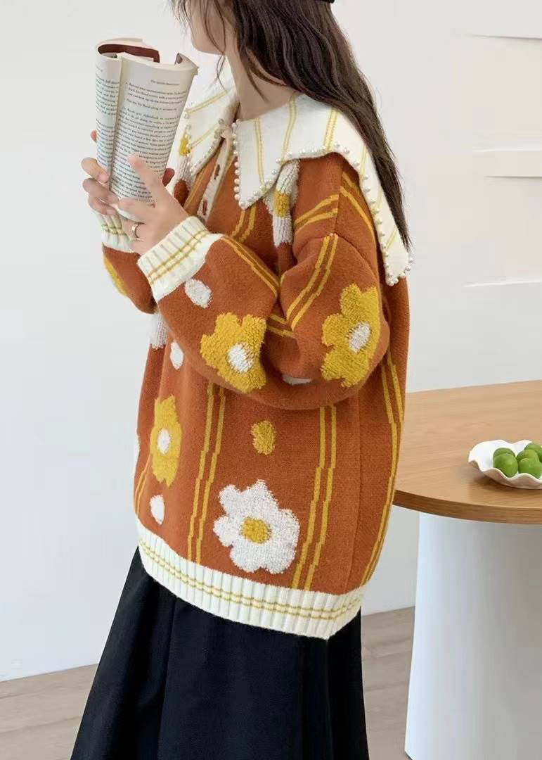 Simple Orange Peter Pan Collar Nail Bead Cotton Knit Sweaters Fall