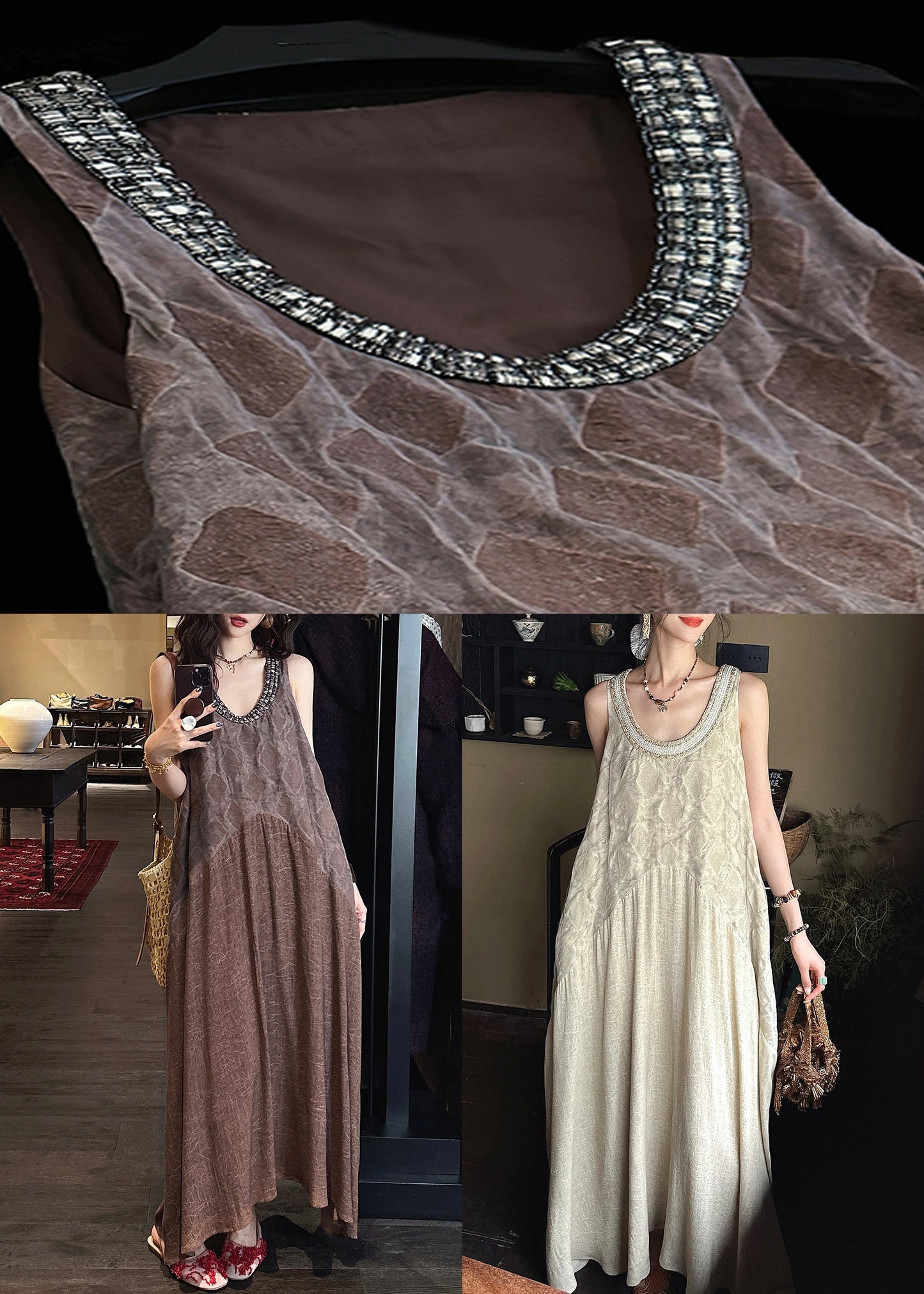 French Apricot O Neck Pockets Patchwork Cotton Long Dress Sleeveless