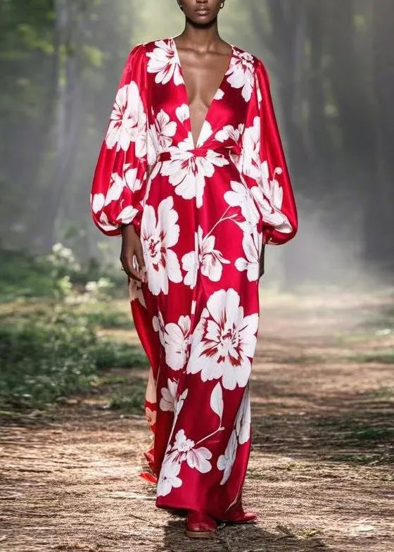 Red V Neck Print Silk Ankle Dress Spring